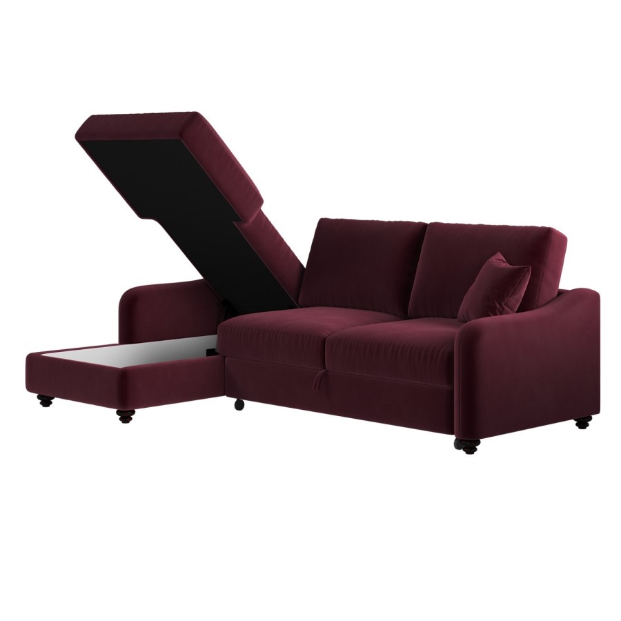 Burgundy Velvet Left Hand Corner Sofa Bed with Storage - Quinn
