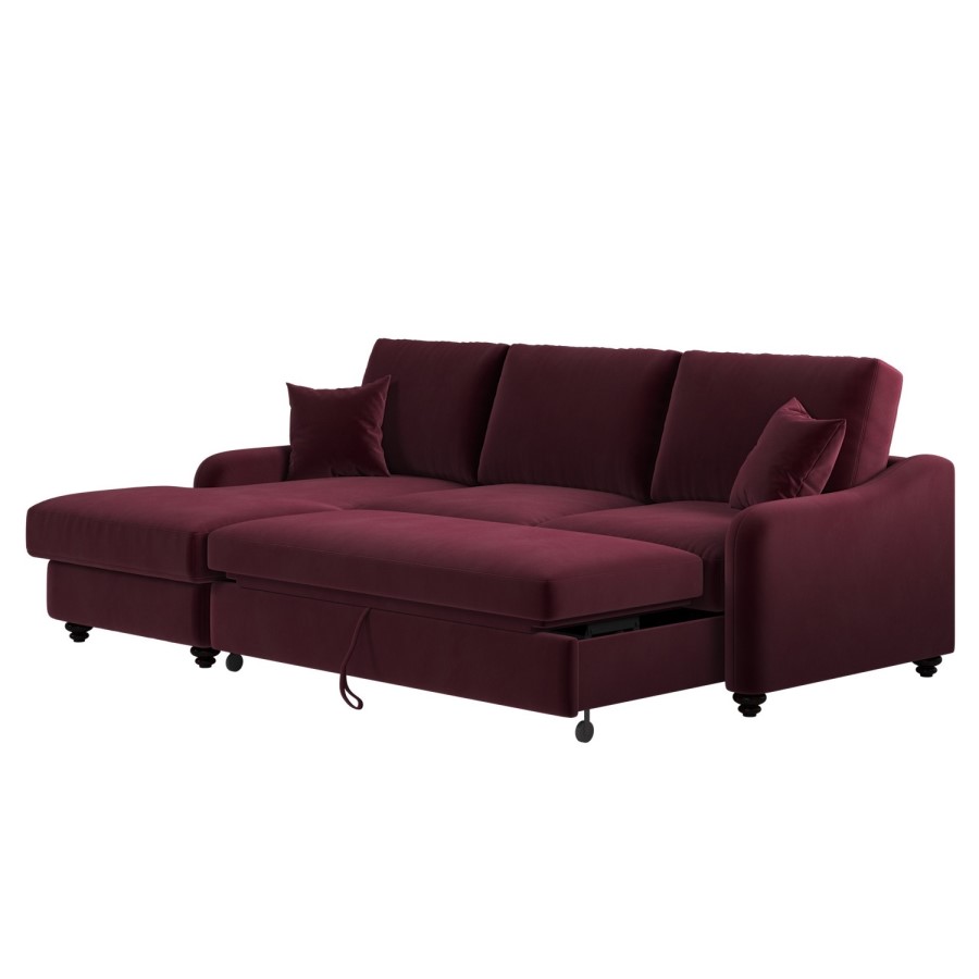 Burgundy Velvet Left Hand Corner Sofa Bed with Storage - Quinn
