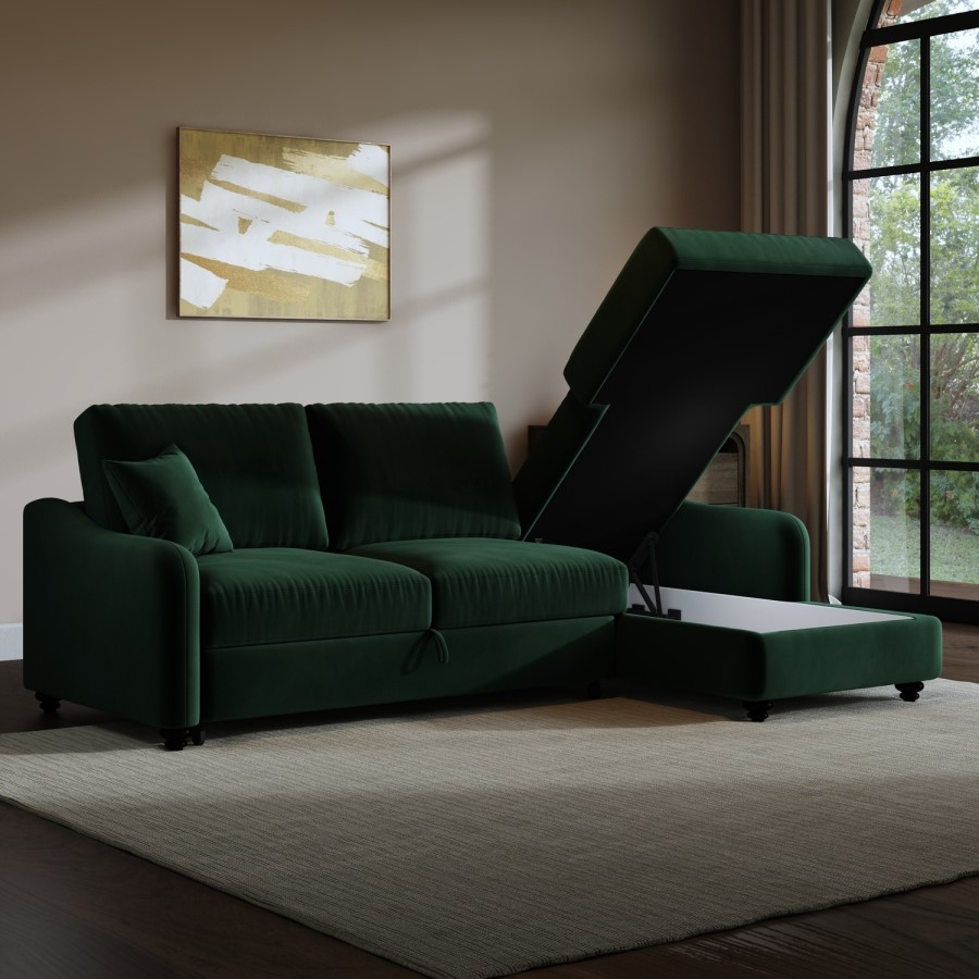 Dark Green Velvet Right-Hand 4-Seater Corner Sofa Bed with Storage - Quinn