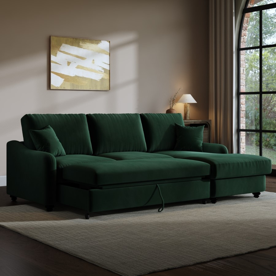Dark Green Velvet Right-Hand 4-Seater Corner Sofa Bed with Storage - Quinn