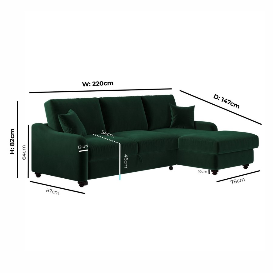 Dark Green Velvet Right-Hand 4-Seater Corner Sofa Bed with Storage - Quinn