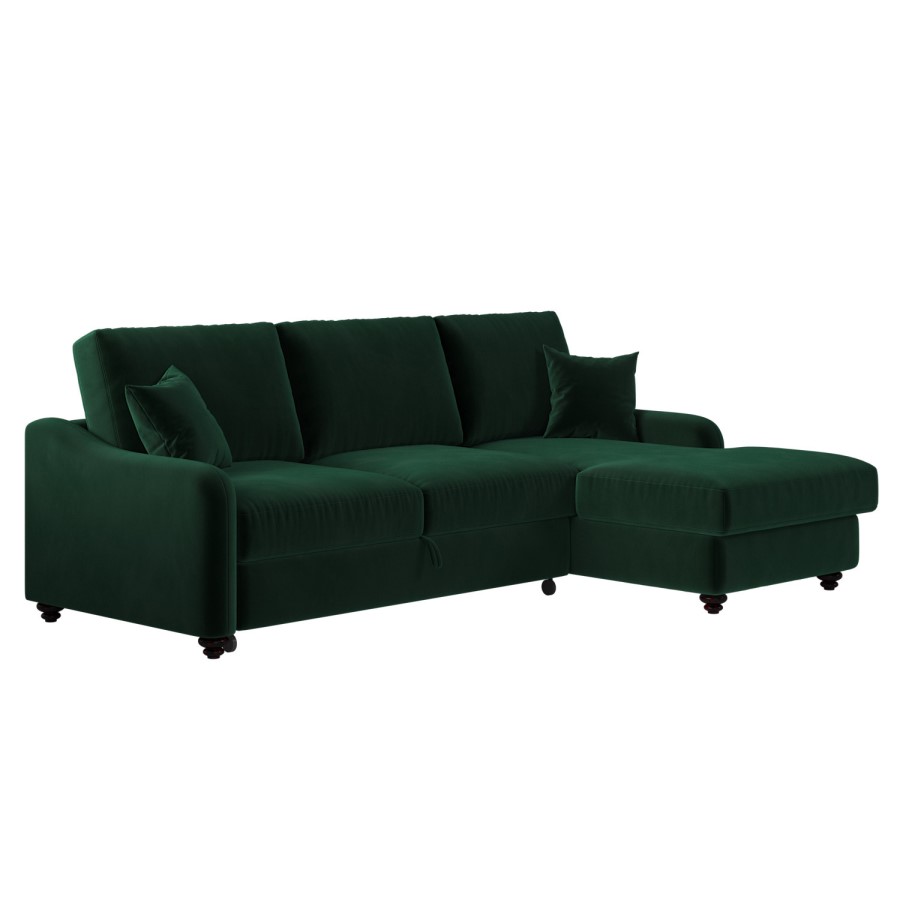Dark Green Velvet Right-Hand 4-Seater Corner Sofa Bed with Storage - Quinn