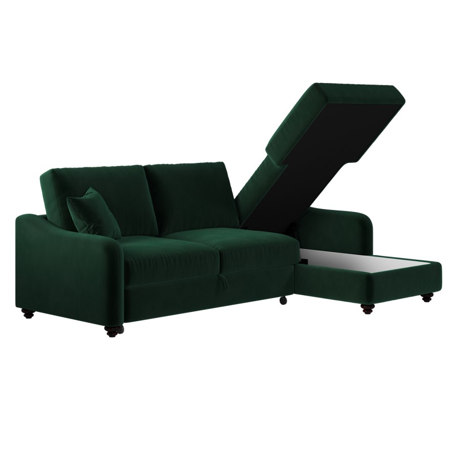 Dark Green Velvet Right Hand Corner Sofa Bed with Storage - Quinn