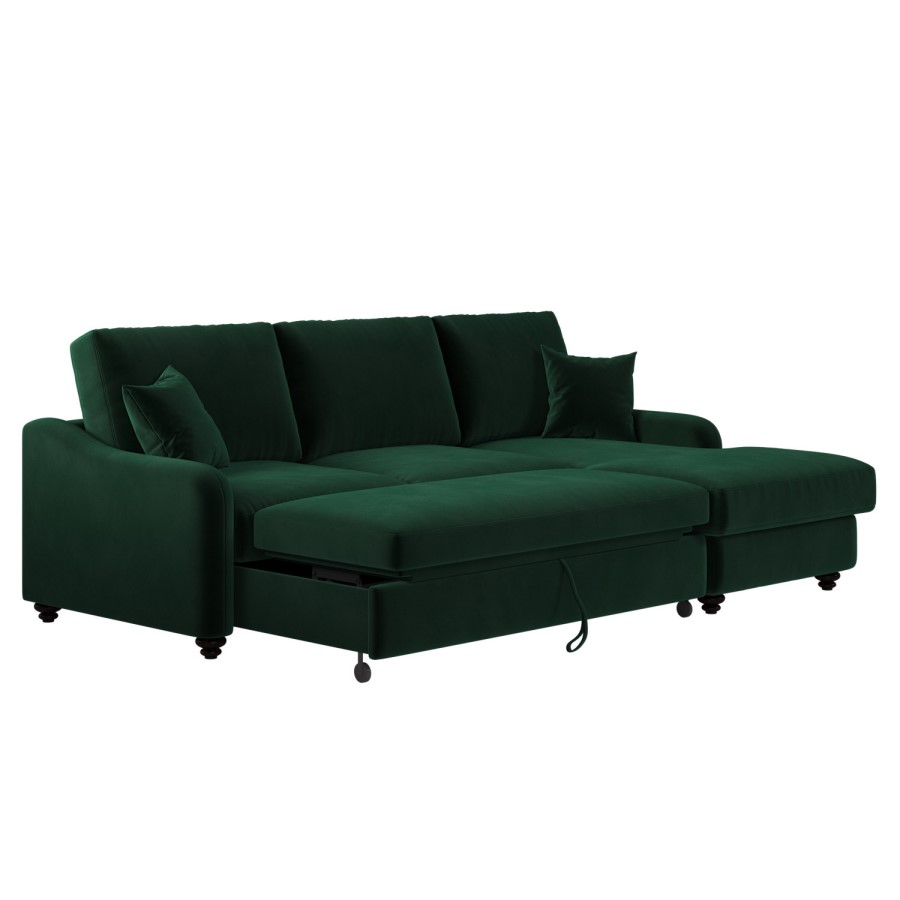 Dark Green Velvet Right Hand Corner Sofa Bed with Storage - Quinn
