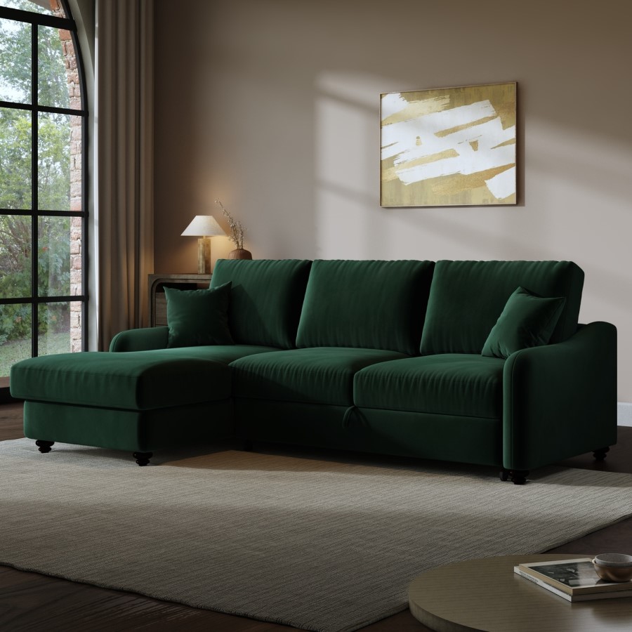 Dark Green Velvet Left-Hand 4 Seater Corner Sofa Bed with Storage - Quinn