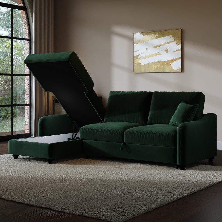 Dark Green Velvet Left-Hand 4 Seater Corner Sofa Bed with Storage - Quinn