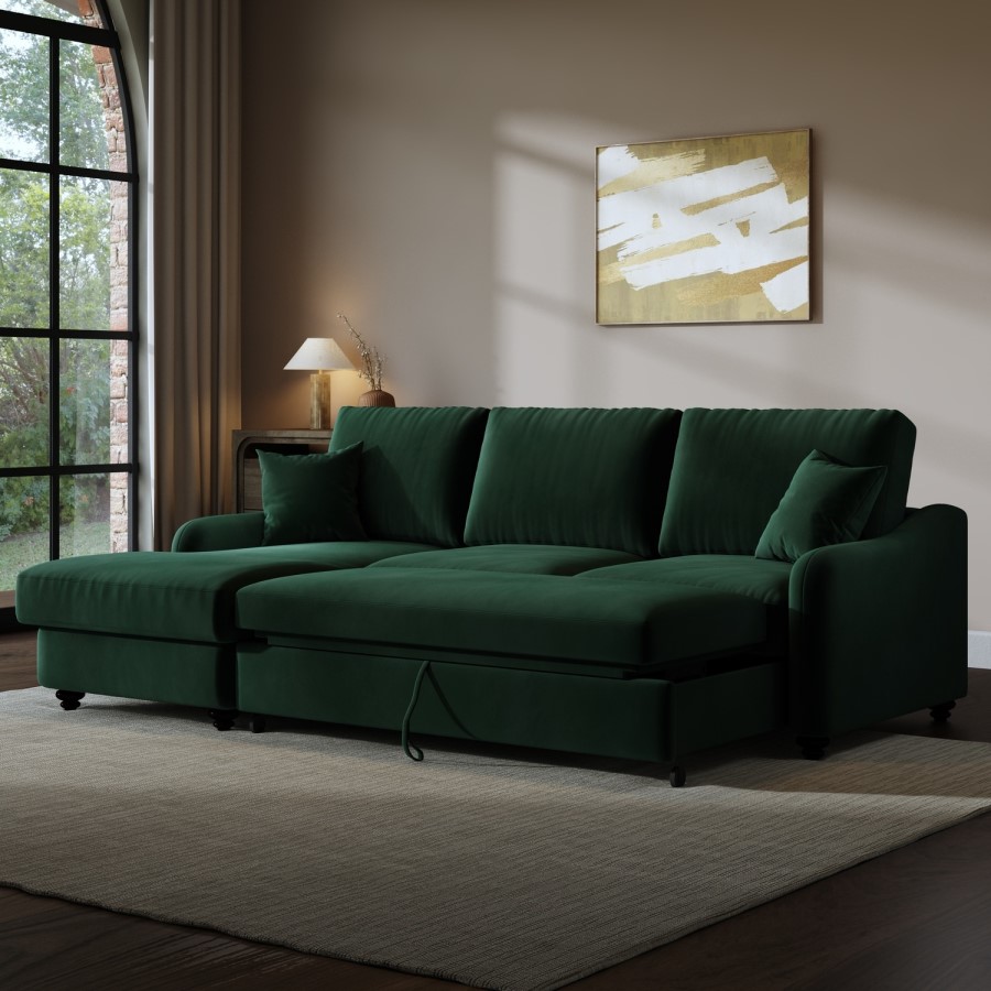 Dark Green Velvet Left-Hand 4 Seater Corner Sofa Bed with Storage - Quinn