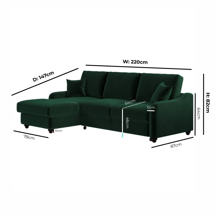 Dark Green Velvet Left-Hand 4 Seater Corner Sofa Bed with Storage - Quinn