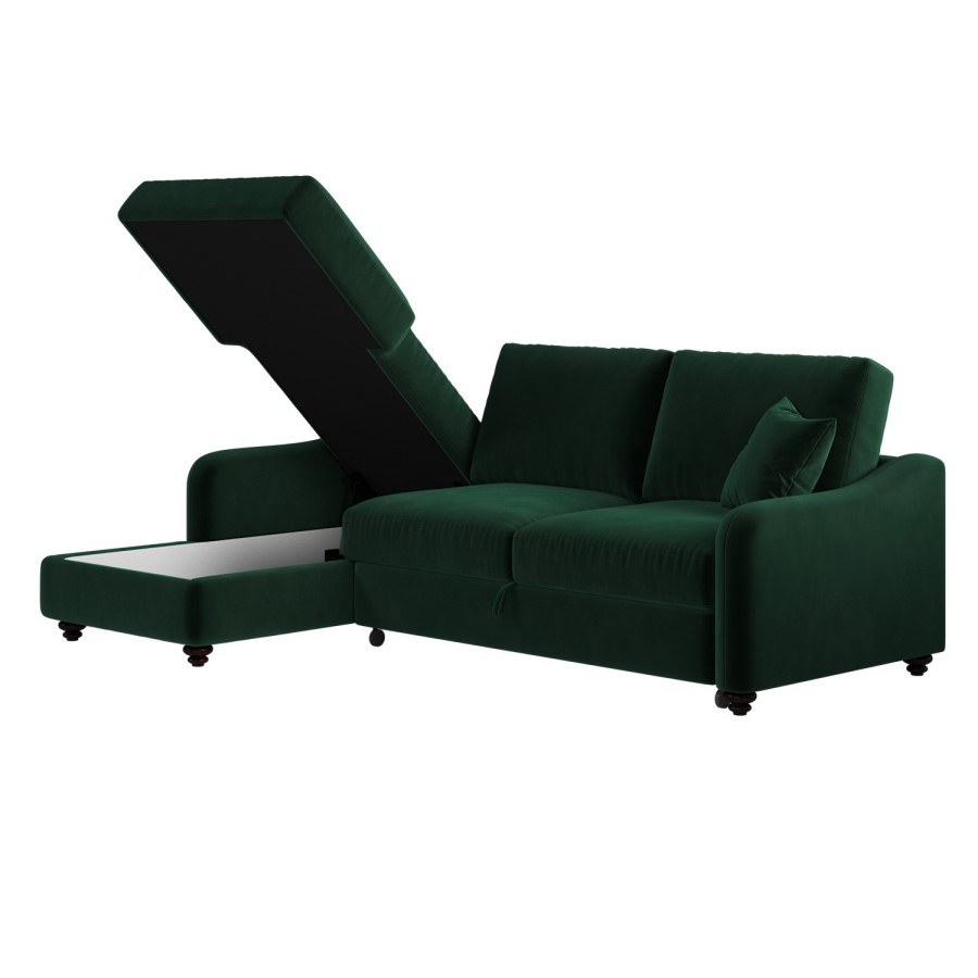 Dark Green Velvet Left Hand Corner Sofa Bed with Storage - Quinn