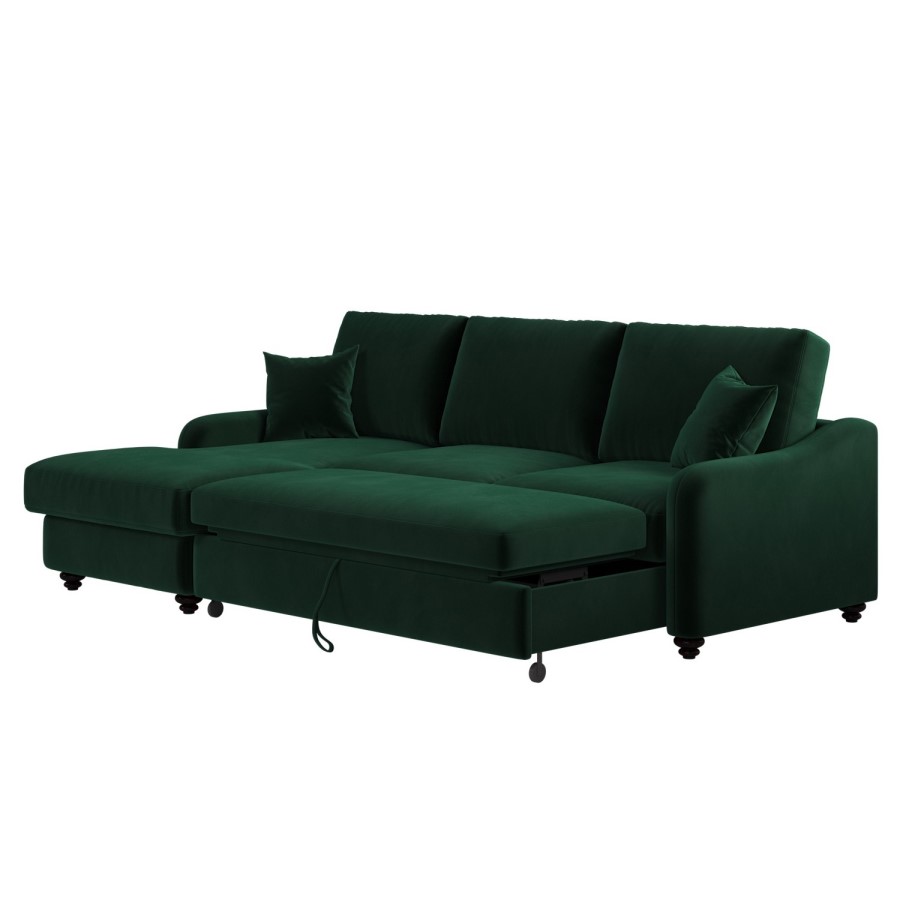 Dark Green Velvet Left-Hand 4 Seater Corner Sofa Bed with Storage - Quinn