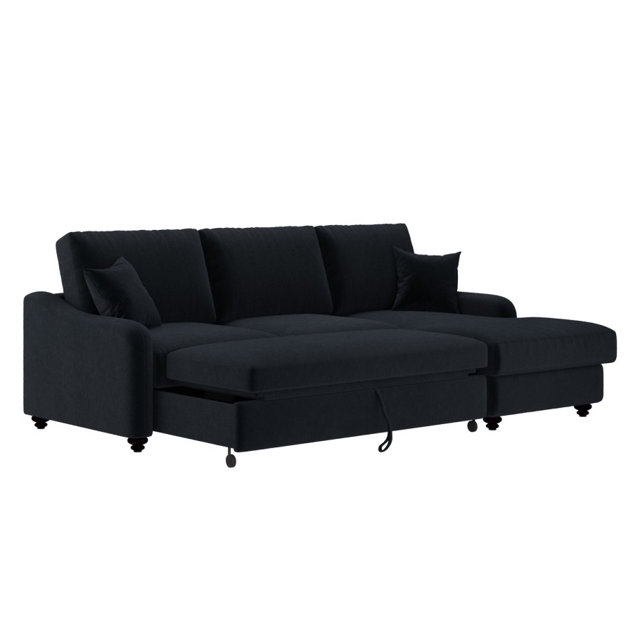 4 Seater Pull-Out Chaise Corner Sofa Bed with Storage in Navy Chenille - Quinn