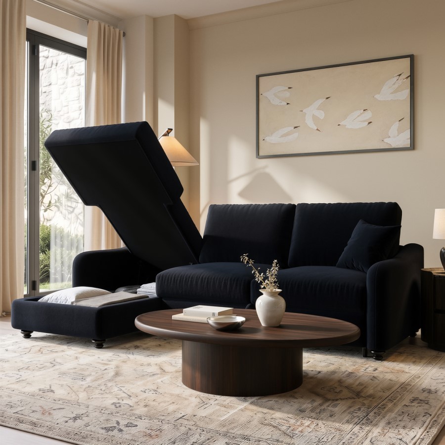 4 Seater Pull-Out Chaise Corner Sofa Bed with Storage in Navy Chenille - Quinn