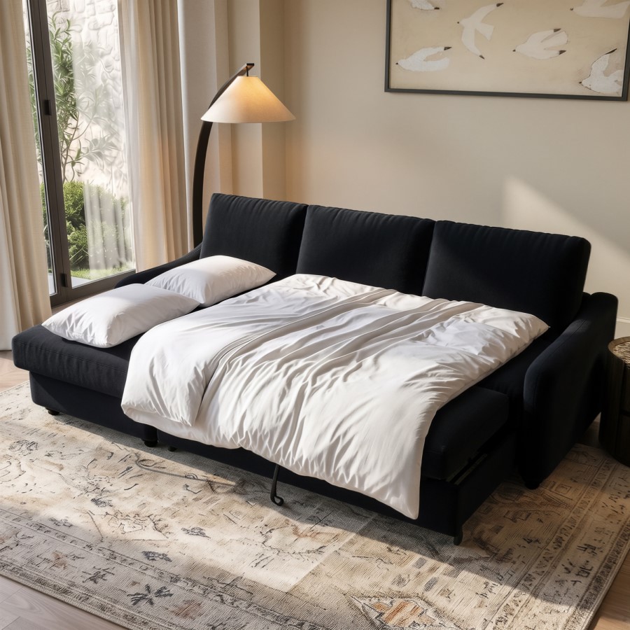 4 Seater Pull-Out Chaise Corner Sofa Bed with Storage in Navy Chenille - Quinn