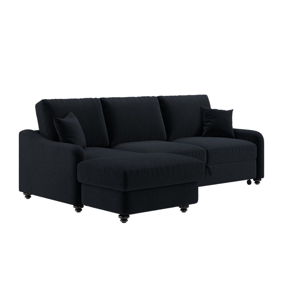 4 Seater Pull-Out Chaise Corner Sofa Bed with Storage in Navy Chenille - Quinn