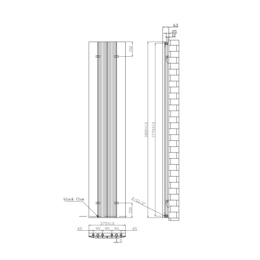 White Vertical Tall Flat Radiator - 1800 x 385mm