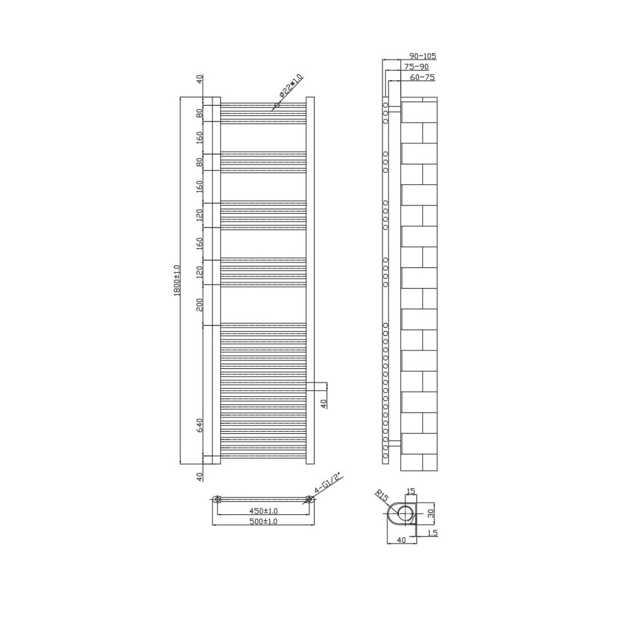 Chrome Straight Vertical Bathroom Towel Radiator - 1800 x 500mm