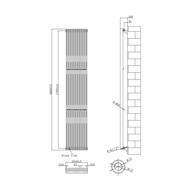 Vertical Anthracite Tall Radiator - 1800 x 324mm