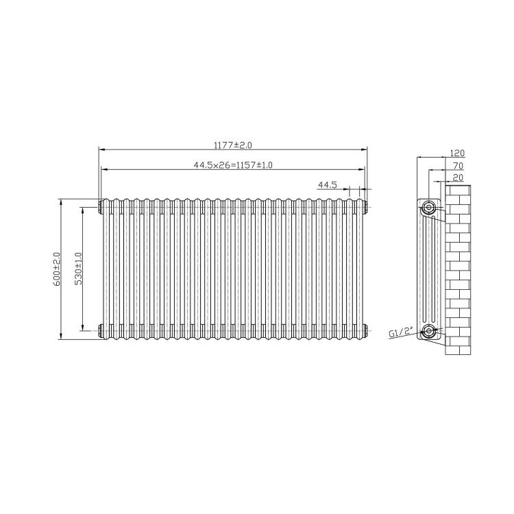 White Horizontal Traditional Column Radiator - 600 x 1177mm