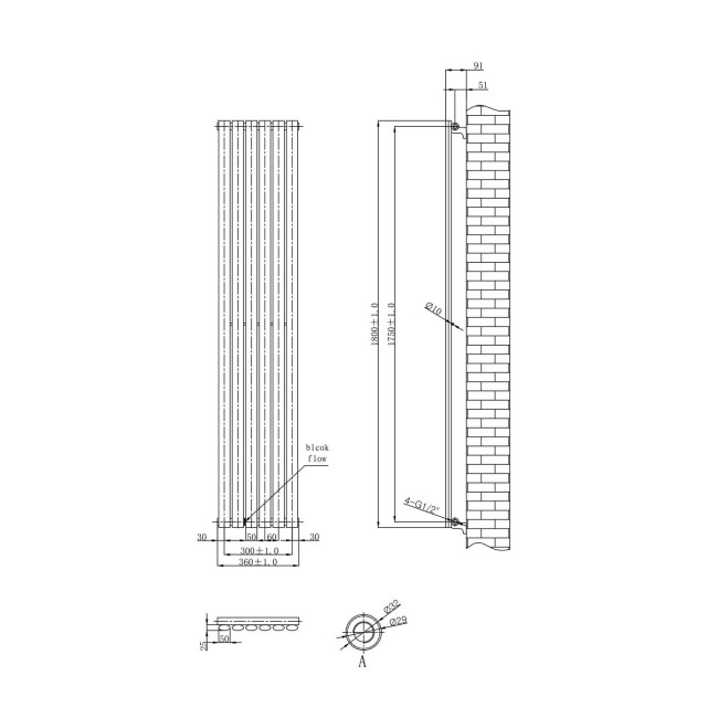 Vertical Chrome Tall Radiator - 1800 x 360mm