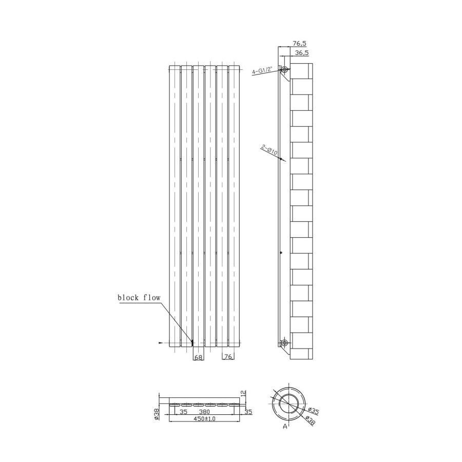 White Vertical Tall Radiator with Flat Panels - 1800 x 450mm