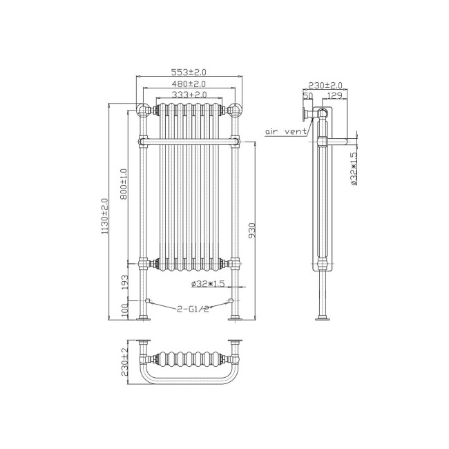 White Traditional Bathroom Towel Radiator - 1130 x 533 x 230mm