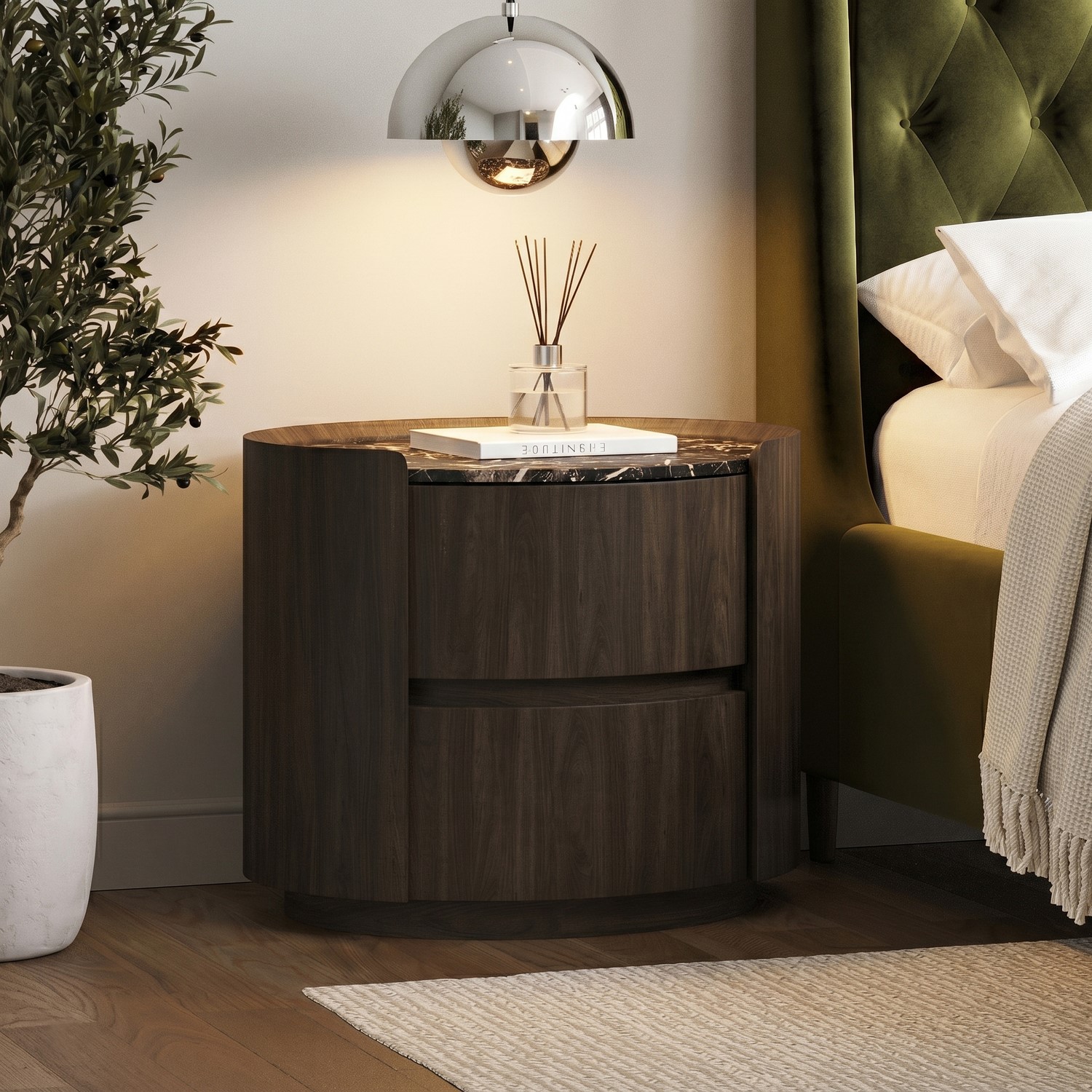 Walnut Marble Effect 2 Drawer Bedside Table