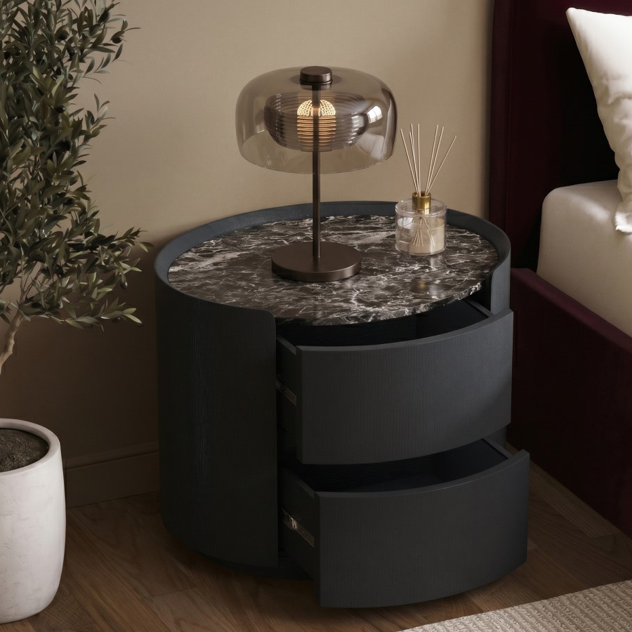 Raffaele Marble Effect Top 2 Drawer Bedside in Black 
