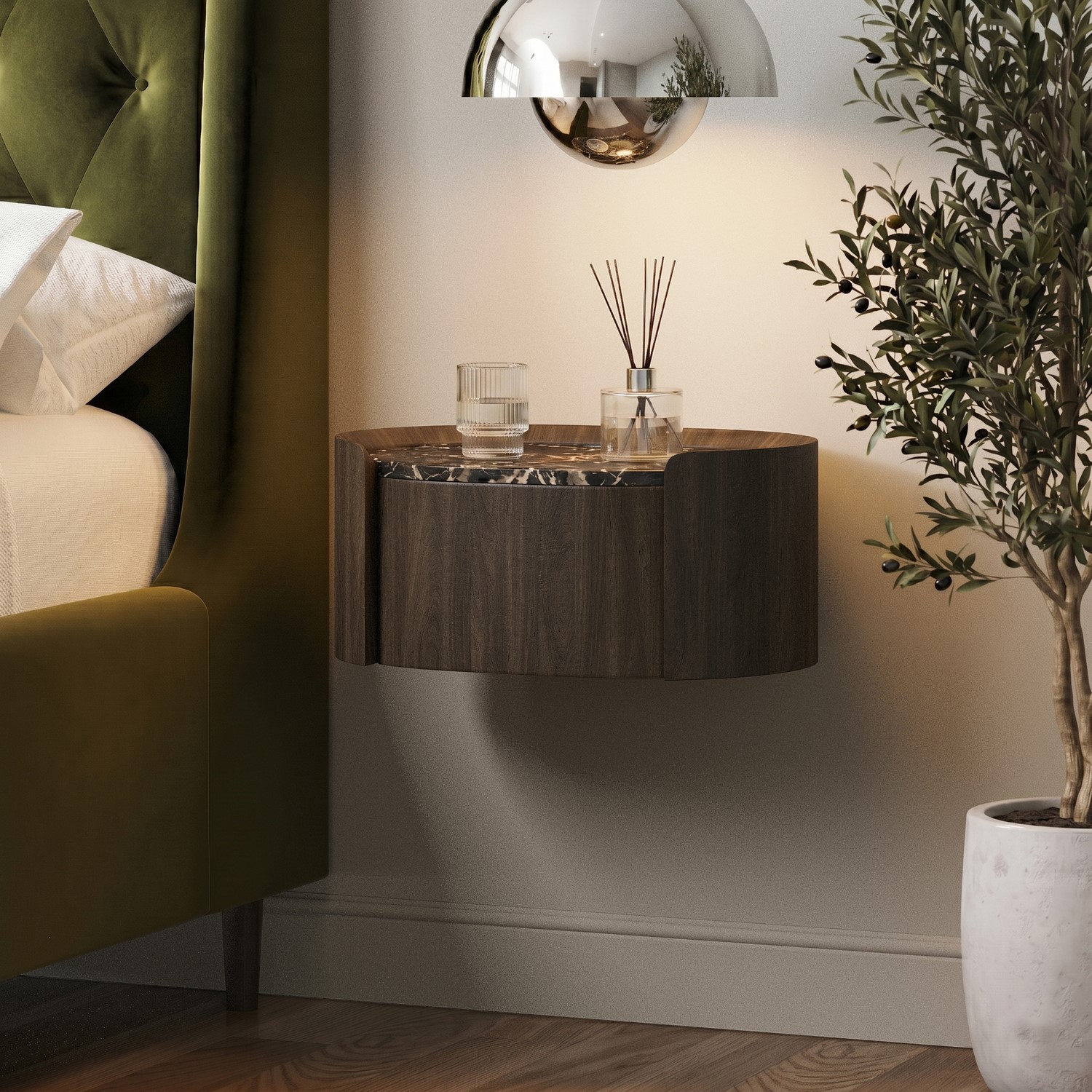 Walnut Marble Effect 1 Drawer Floating Bedside Table
