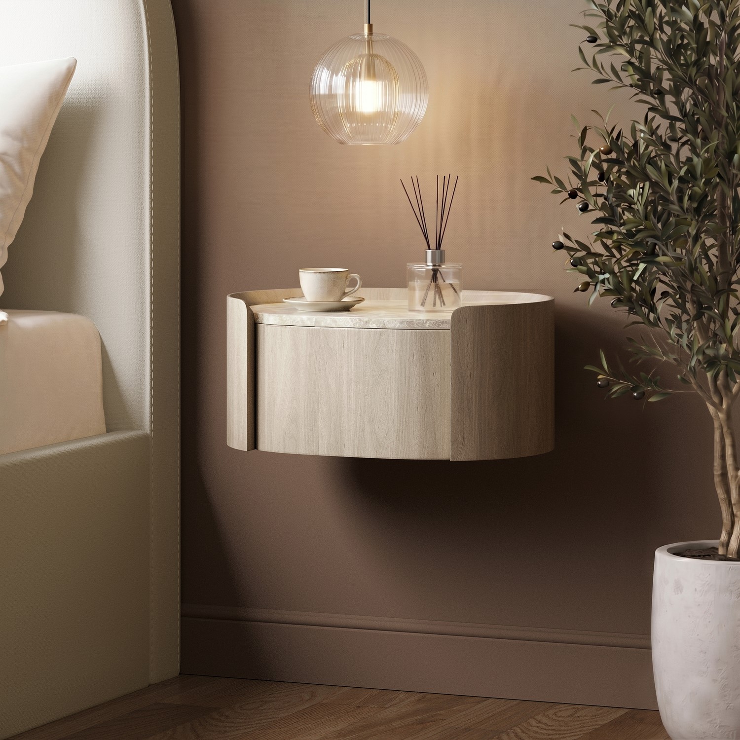 Light Wood Marble Effect 1 Drawer Floating Bedside Table