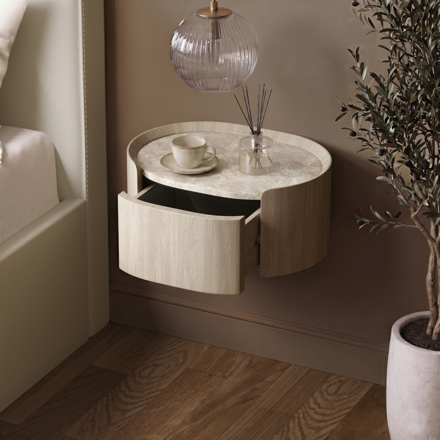 Raffaele Marble Effect Top Floating Bedside in Light Wood 