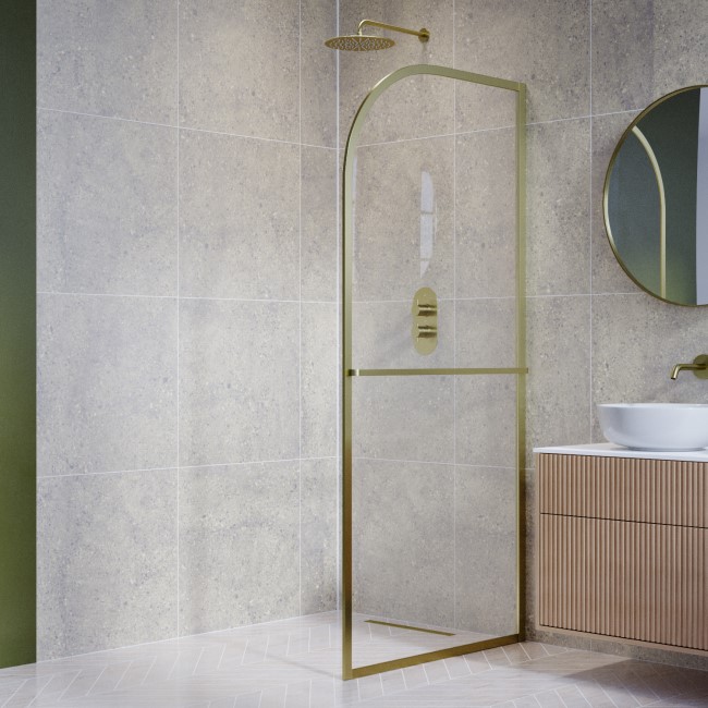 Wet Room Shower Screen 800mm Brushed Brass Curved - Raya