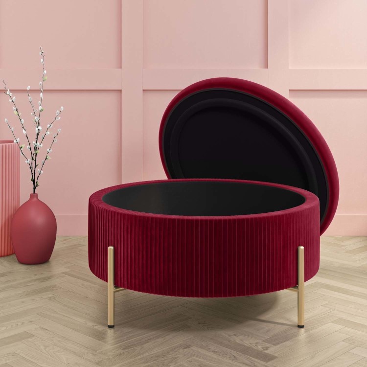 Large 80cm Round Pouffe with Storage in Red Velvet - Robyn 