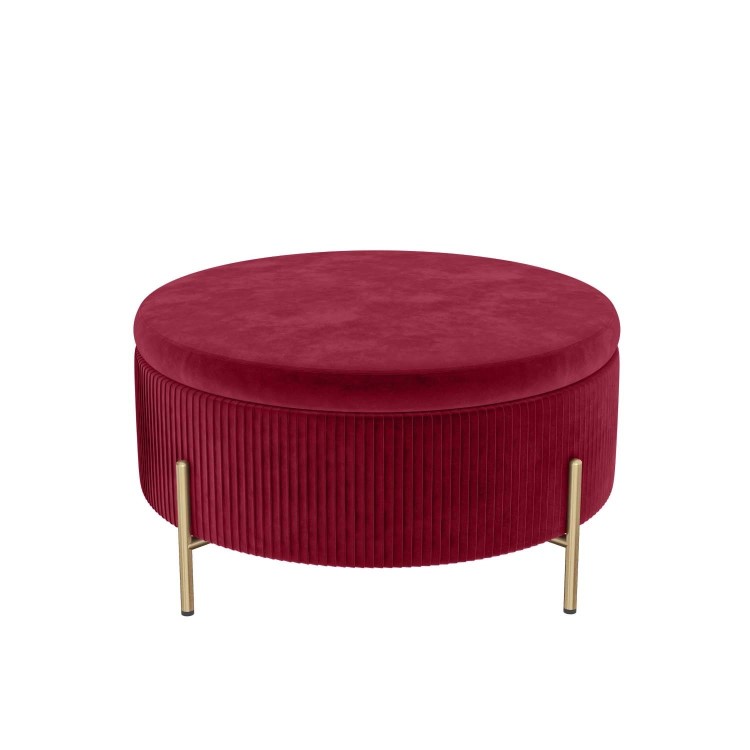 Large 80cm Round Pouffe with Storage in Red Velvet - Robyn 