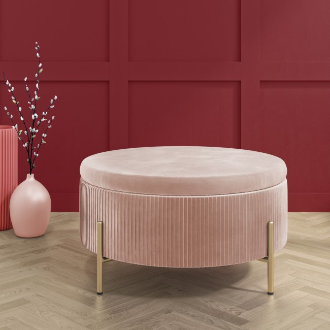 Large 80cm Round Pouffe with Storage in Pink Velvet - Robyn 