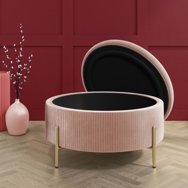 Large 80cm Round Pouffe with Storage in Pink Velvet - Robyn 