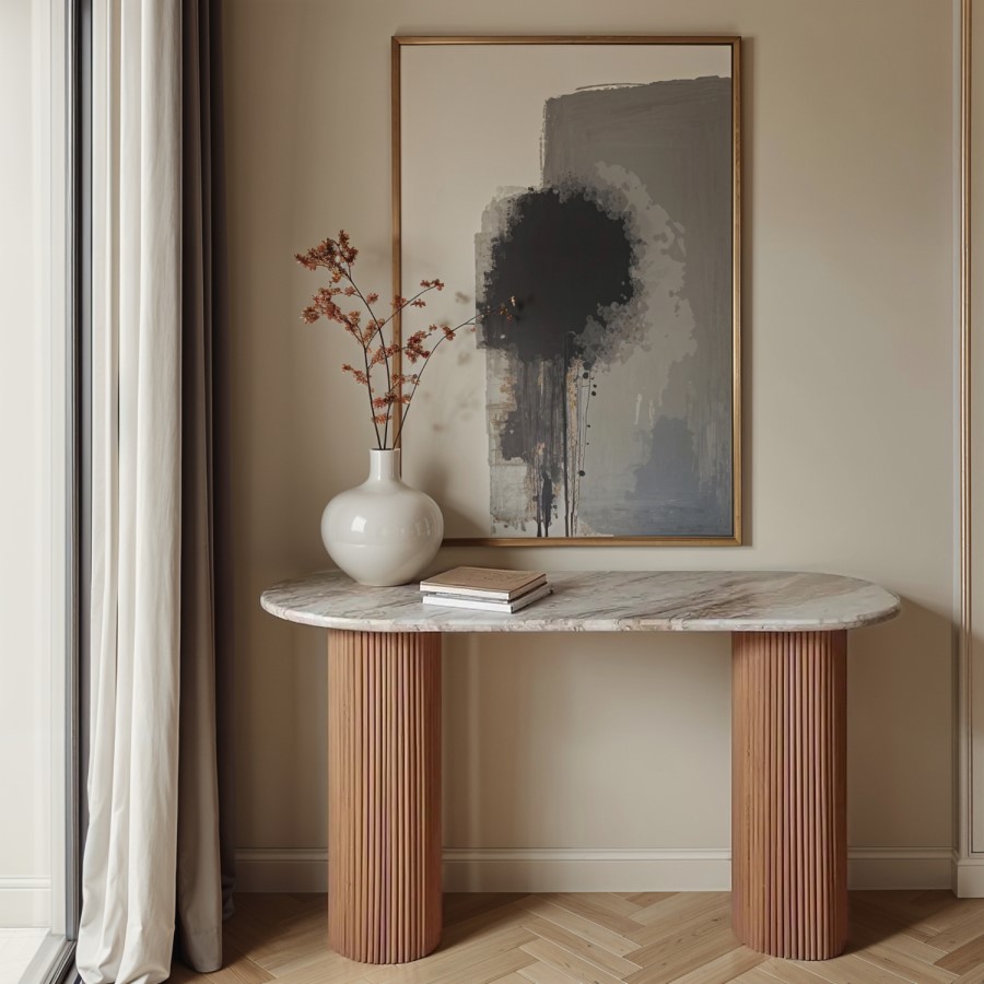 Natural Marble & Wood Pedestal Console Table - Ashford