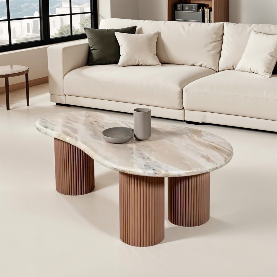 Natural Marble & Wood Pedestal Coffee Table - Ashford