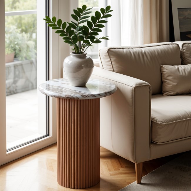 Natural Marble & Wood Pedestal Side Table - Ashford