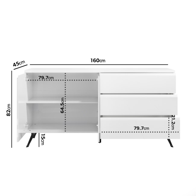 Large White High Gloss Sideboard with Drawers - Rochelle