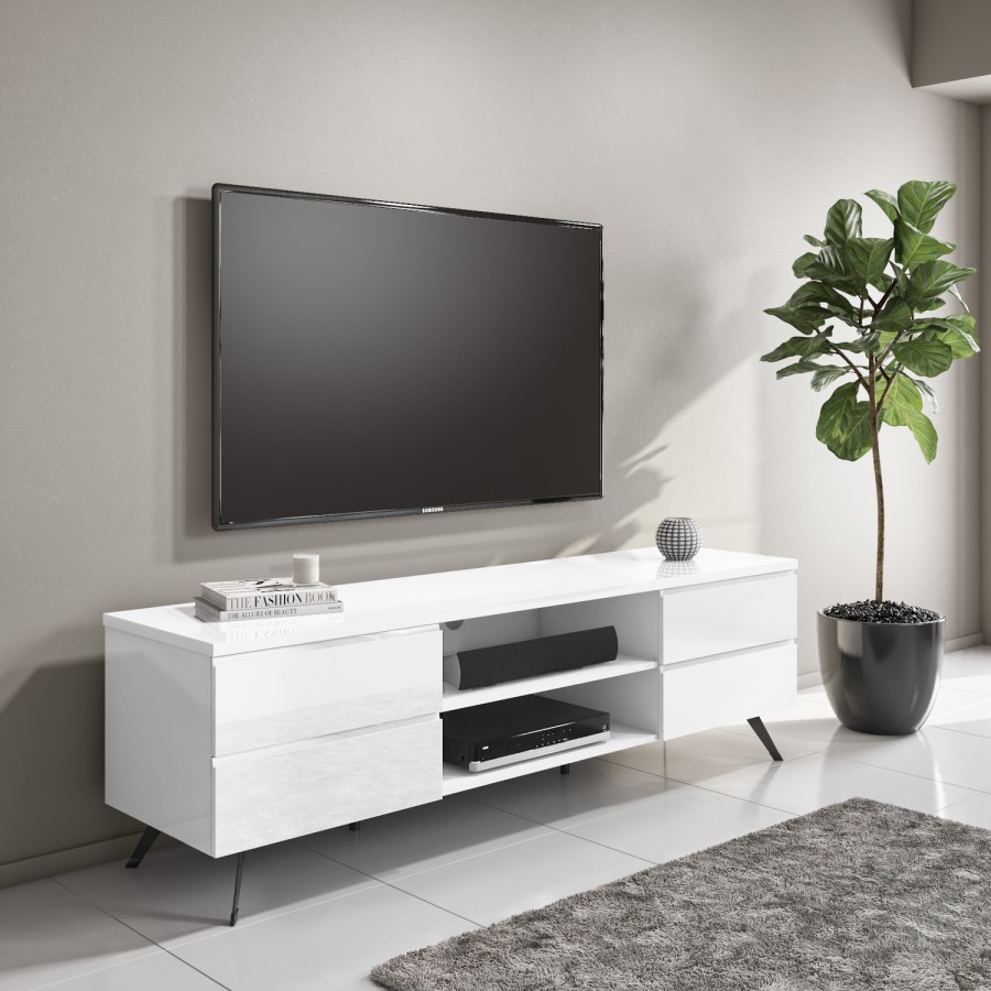 GRADE A2 - Large White Gloss TV Unit - TV's up to 77" - Rochelle