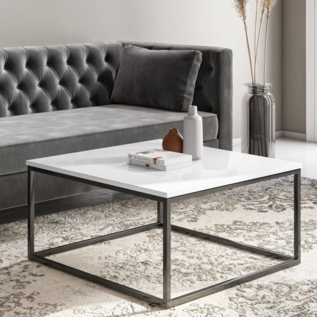 Small Square White Gloss Coffee Table with Black Metal Legs - Rochelle ...