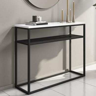 Narrow White Gloss Console Table With, Metal Sofa Table With Stools