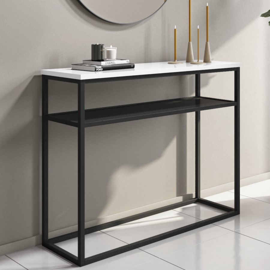 GRADE A1 - Narrow White Gloss Console Table with Black Metal Base - Rochelle