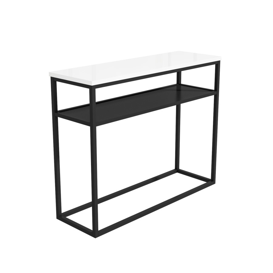 GRADE A1 - Narrow White Gloss Console Table with Black Metal Base - Rochelle
