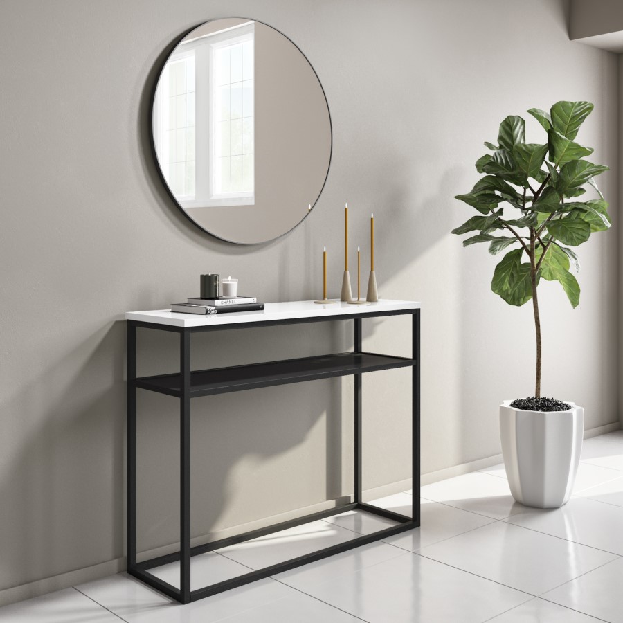 GRADE A1 - Narrow White Gloss Console Table with Black Metal Base - Rochelle