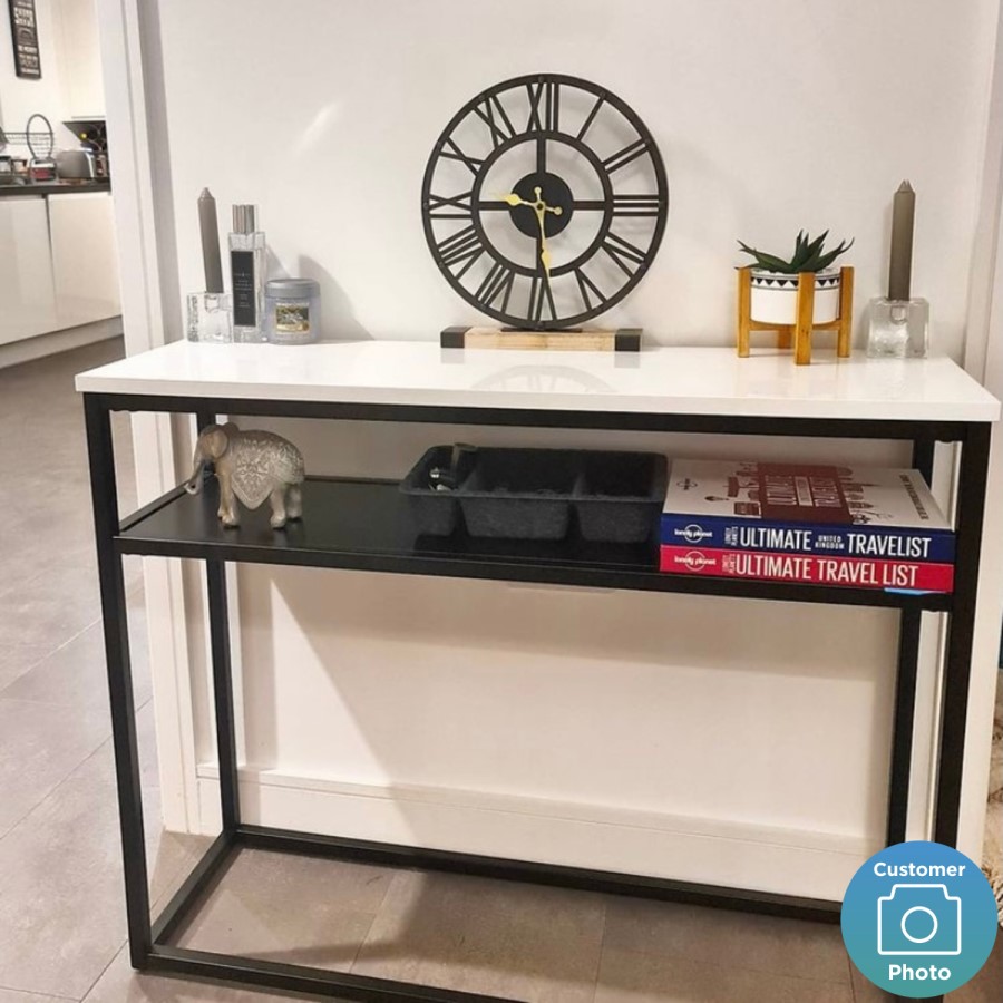 GRADE A1 - Narrow White Gloss Console Table with Black Metal Base - Rochelle