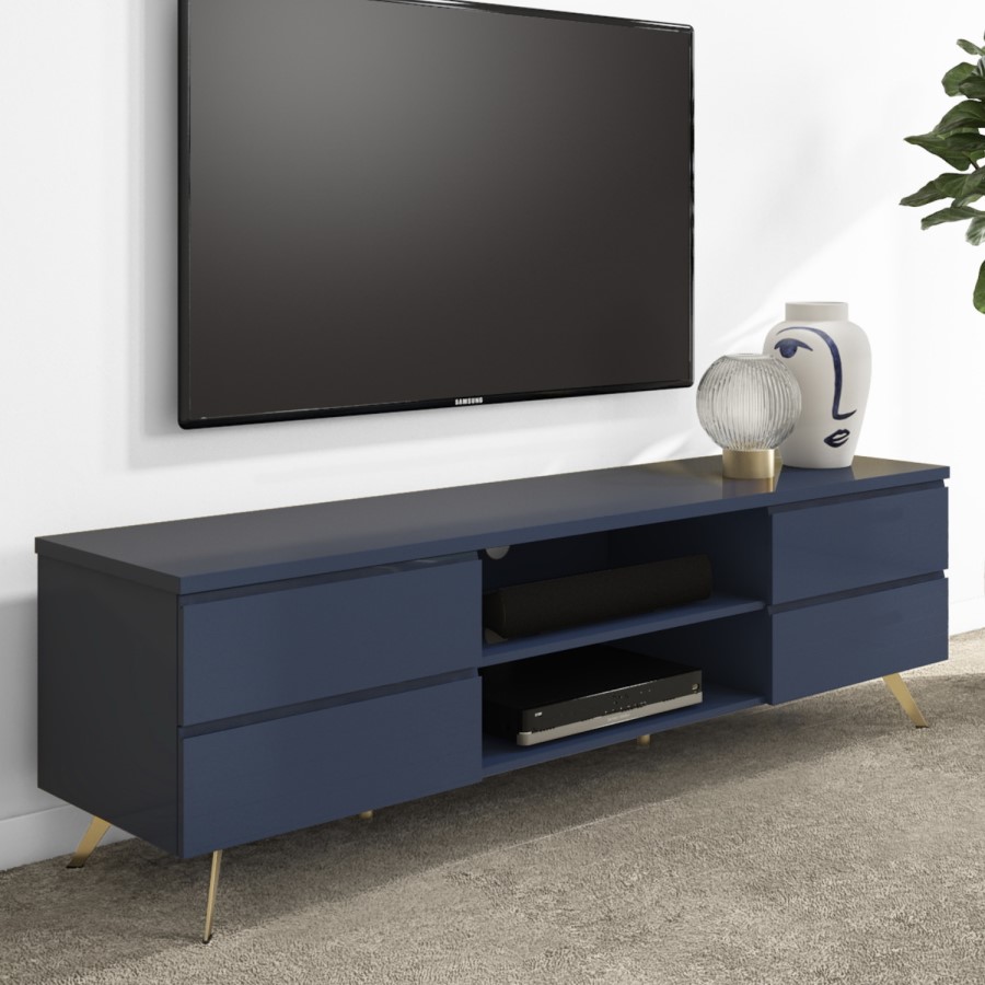 GRADE A1 - Large Navy TV Unit with Storage - TV's up to 77" - Rochelle