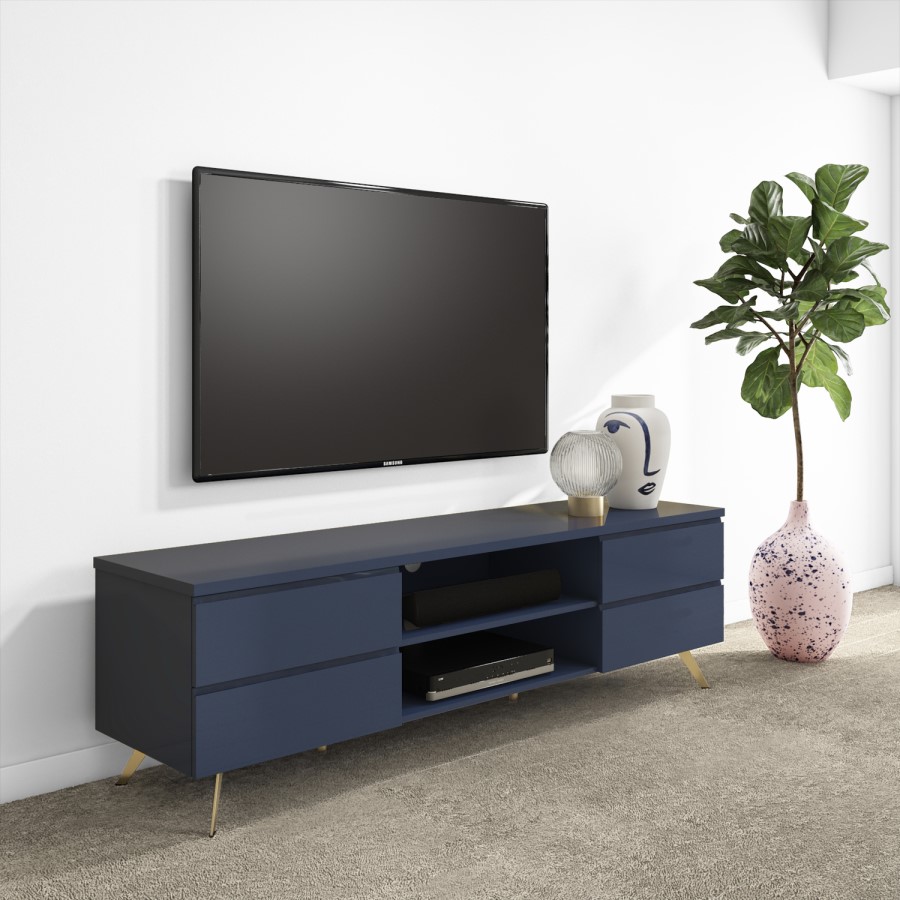 GRADE A1 - Large Navy TV Unit with Storage - TV's up to 77" - Rochelle