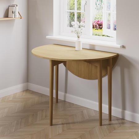 Small Round Oak Folding Drop Leaf Extendable Dining Table Seats