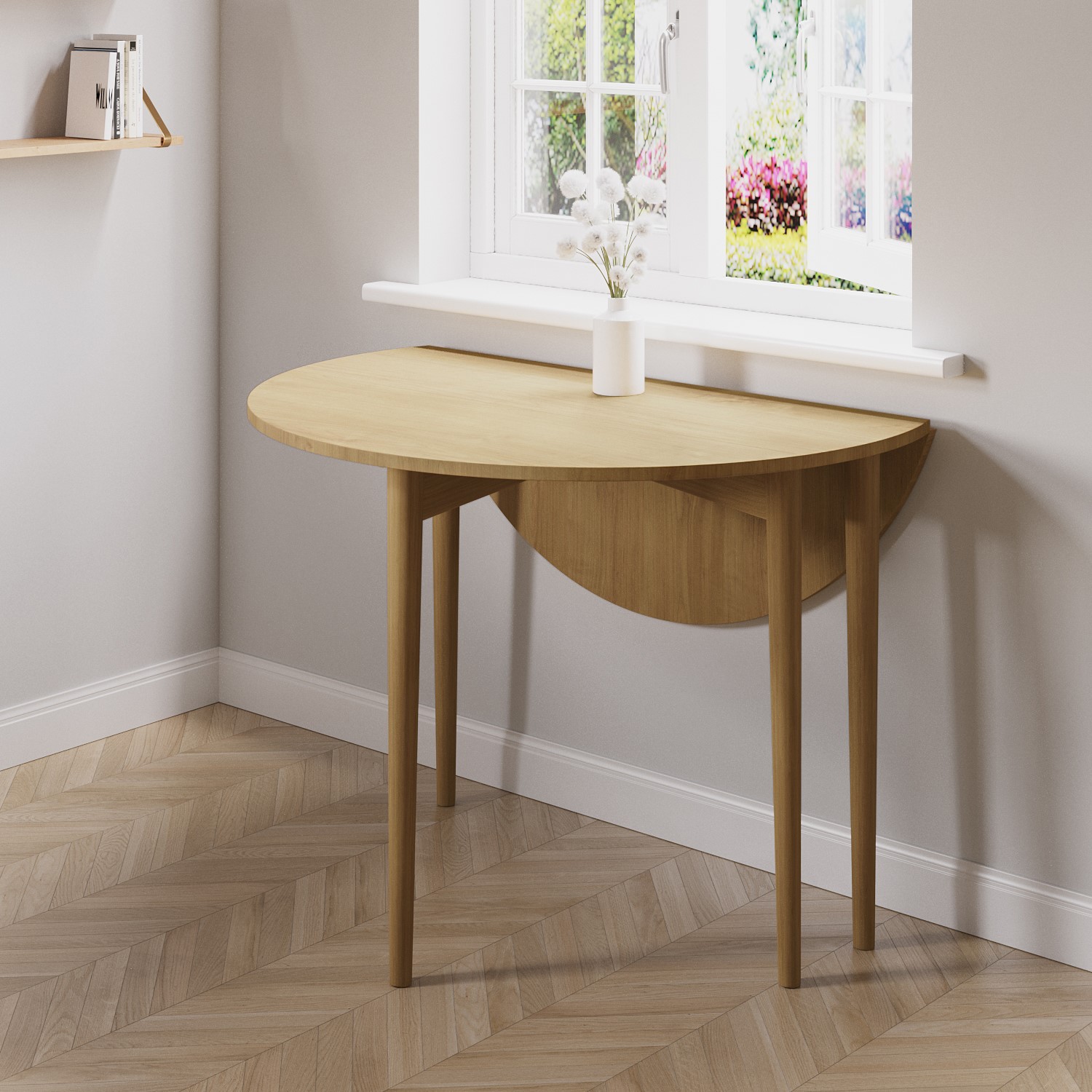 Photo of Small round oak folding drop leaf dining table - seats 2-4 - rudy